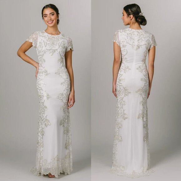 LOTUS THREADS Beaded Georgette Cap Sleeve Gown in Creme Size US 4 NWT - Picture 1 of 11